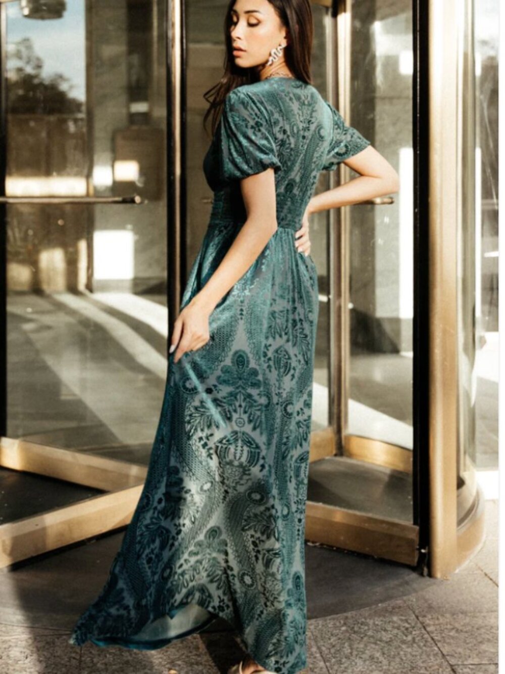 Baltic Born Leslie Embossed Velvet Maxi Emerald Size L Dress Short Sleeve NWT - Picture 14 of 14